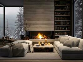 Cozy modern winter living room interior with sofa and a modern fireplace AI Generative photo