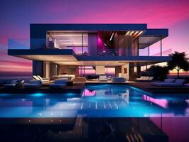 Modern luxury home at sunset night with a swimming pool AI Generative photo