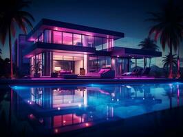 Modern luxury home at sunset night with a swimming pool AI Generative photo