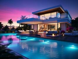 Modern luxury home at sunset night with a swimming pool AI Generative photo