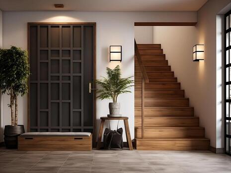 Interior design of modern entrance hall with grid door and staircase AI Generative photo