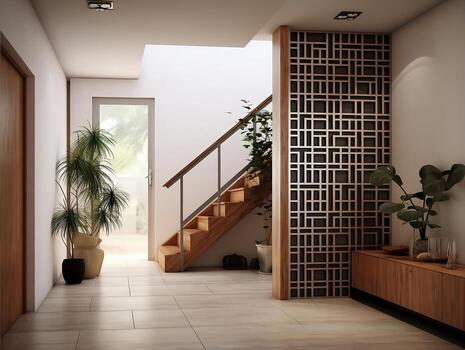 Interior design of modern entrance hall with grid door and staircase AI Generative photo