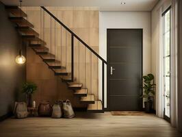 Interior design of modern entrance hall with grid door and staircase AI Generative photo