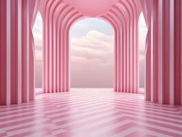 3D rendering of an empty pink striped room with an open window AI Generative photo