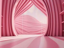 3D rendering of an empty pink striped room with an open window AI Generative photo