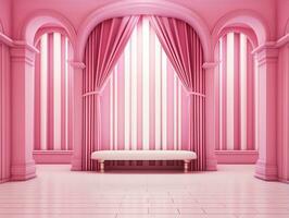 3D rendering of an empty pink striped room with an open window AI Generative photo