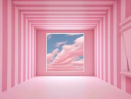 3d representación de un vacío rosado a rayas habitación con un abierto ventana ai generativo foto