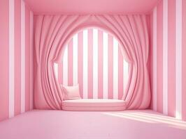 3d representación de un vacío rosado a rayas habitación con un abierto ventana ai generativo foto