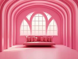 3d representación de un vacío rosado a rayas habitación con un abierto ventana ai generativo foto