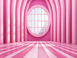 3D rendering of an empty pink striped room with an open window AI Generative photo