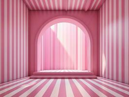 3D rendering of an empty pink striped room with an open window AI Generative photo