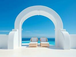 Two sunbeds on the white terrace with an arch under a blue sky AI Generative photo