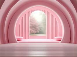 3D rendering of an empty pink striped room with an open window AI Generative photo