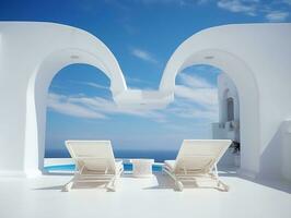 Two sunbeds on the white terrace with an arch under a blue sky AI Generative photo