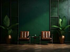 Dark green tiled walls room with two chairs and a plant AI Generative photo