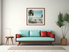 Mid century style interior living room with blue sofa against white wall and art poster frame AI Generative photo