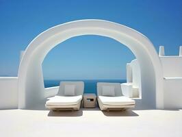 Two sunbeds on the white terrace with an arch under a blue sky AI Generative photo