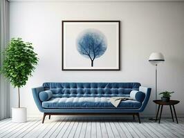 medio siglo estilo interior vivo habitación con azul sofá en contra blanco pared y Arte póster marco ai generativo foto
