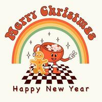 Merry Christmas. Cute hot cocoa mug and ginger man. Retro character in groovy cartoon style. Atmosphere of the 60's and 70's. Merry Christmas and Happy New Year. vector