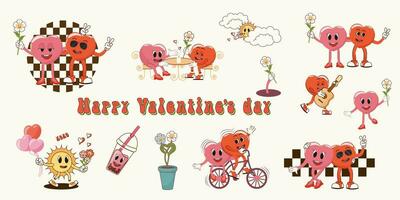 Happy Valentine's Day. Set of retro characters in groovy animation style. Disco with romantic atmosphere. Trendy retro style of the 90's. Y2K. vector