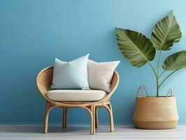 Wicker chair with pillows in front of blue wall and a pot with tree AI Generative photo