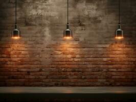 Brick wall background with wall lighting AI Generative photo