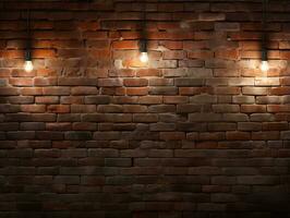 Brick wall background with wall lighting AI Generative photo