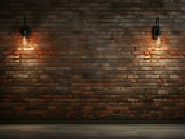 Brick wall background with wall lighting AI Generative photo