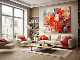 Modern living room with canvas painting and colorful furniture AI Generative photo