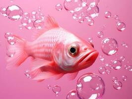 Beautiful pink fish swimming with bubbles from a pink background AI Generative photo