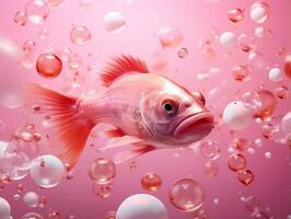 Beautiful pink fish swimming with bubbles from a pink background AI Generative photo