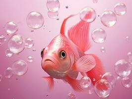 hermosa rosado pescado nadando con burbujas desde un rosado antecedentes ai generativo foto