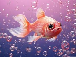 hermosa rosado pescado nadando con burbujas desde un rosado antecedentes ai generativo foto
