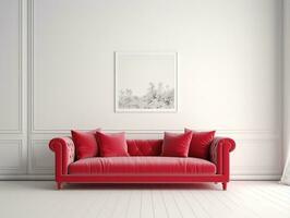 rojo sofá con almohadas en un blanco interior pared ai generativo foto