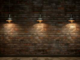 Brick wall background with wall lighting AI Generative photo