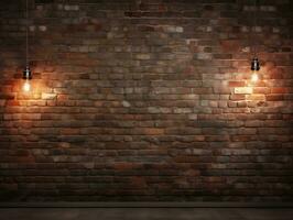 Brick wall background with wall lighting AI Generative photo