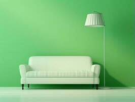 Modern interior room with white sofa and floor lamp in front of light green wall AI Generative photo