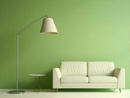 Modern interior room with white sofa and floor lamp in front of light green wall AI Generative photo