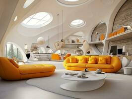 High ceilings inside futuristic retro living room with yellow and white furniture AI Generative photo