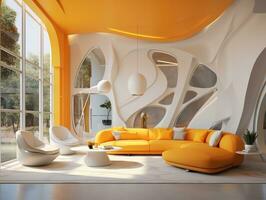 High ceilings inside futuristic retro living room with yellow and white furniture AI Generative photo