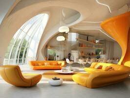 High ceilings inside futuristic retro living room with yellow and white furniture AI Generative photo