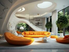 High ceilings inside futuristic retro living room with yellow and white furniture AI Generative photo