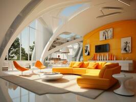 High ceilings inside futuristic retro living room with yellow and white furniture AI Generative photo