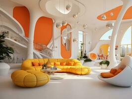 High ceilings inside futuristic retro living room with yellow and white furniture AI Generative photo