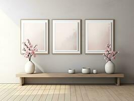 3D empty wall and wooden floor with frameless white posters mockup for art pictures and a side potted flowers AI Generative photo