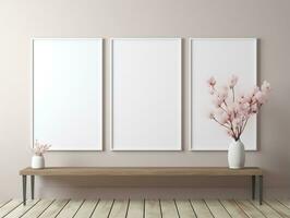 3D empty wall and wooden floor with frameless white posters mockup for art pictures and a side potted flowers AI Generative photo