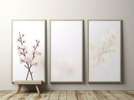 3D empty wall and wooden floor with frameless white posters mockup for art pictures and a side potted flowers AI Generative photo