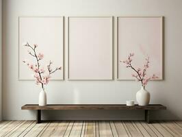 3D empty wall and wooden floor with frameless white posters mockup for art pictures and a side potted flowers AI Generative photo