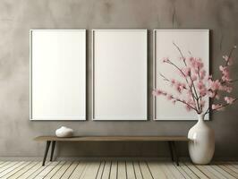 3D empty wall and wooden floor with frameless white posters mockup for art pictures and a side potted flowers AI Generative photo