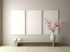 3D empty wall and wooden floor with frameless white posters mockup for art pictures and a side potted flowers AI Generative photo